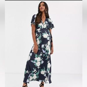 ASOS DESIGN floral flutter sleeve maxi dress with tassle belt